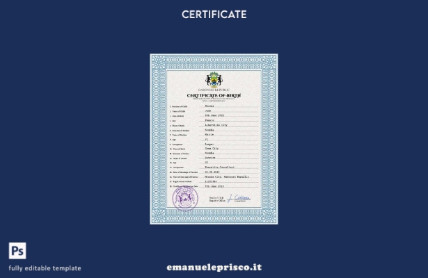 modello PSD del certificato di nascita del Gabon in stile verificato